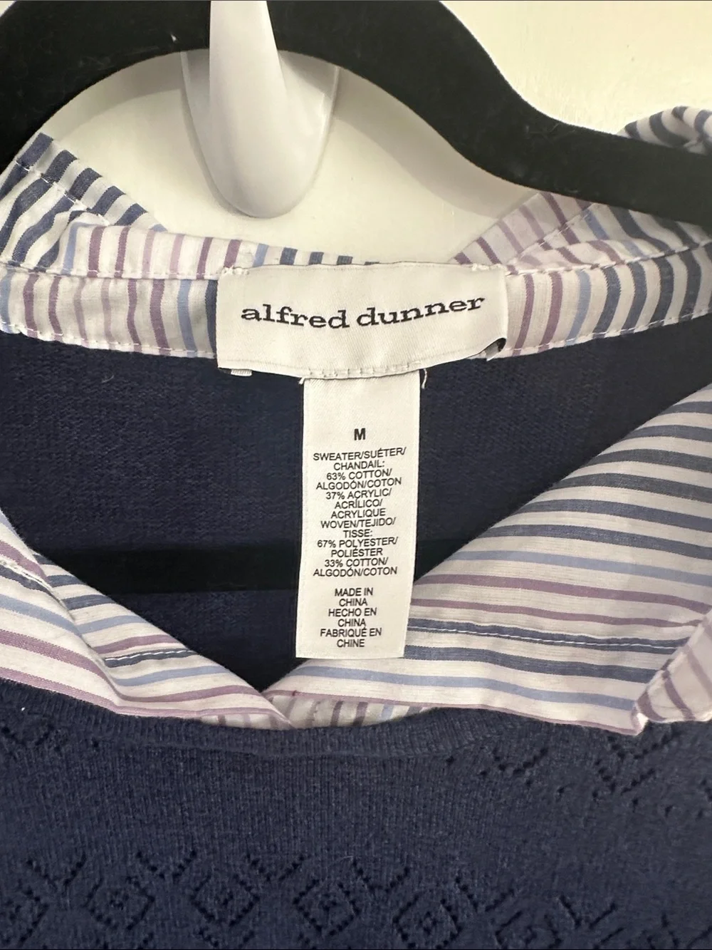 Alfred Dunner Navy Layered-Look Sweater with Striped Shirt Collar Size Medium
